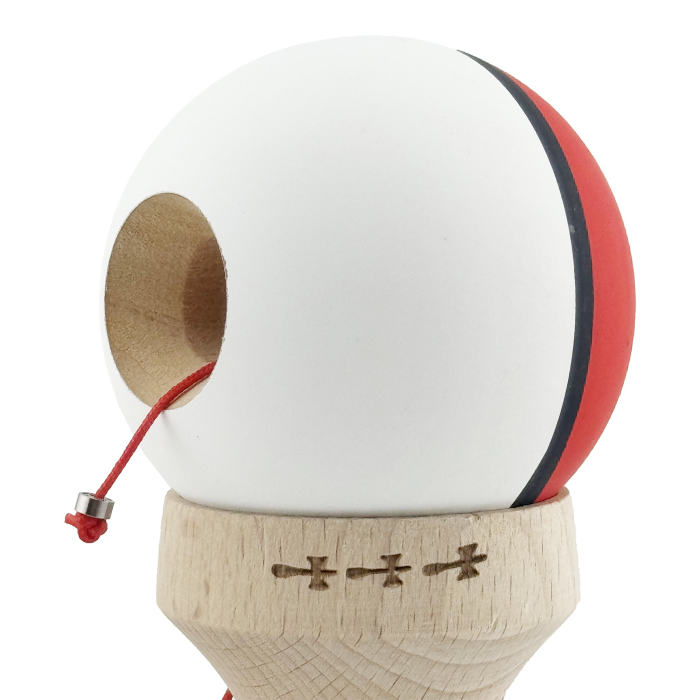 Kendama X Originala, Profesionala, Flippy, Cupe Mari KING SIZE V3, Rubber Grip, Gaura in Baza, Rulment Metalic, din lemn 18 cm, Ata 62/65 cm, S Bicolor Rosu/Alb [7]