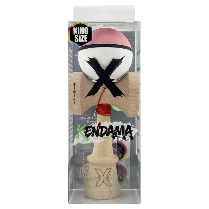 Kendama X Originala, Profesionala, Flippy, Cupe Mari KING SIZE V3, Rubber Grip, Gaura in Baza, Rulment Metalic, din lemn 18 cm, Ata 62/65 cm, S Bicolor Roz/Alb [6]