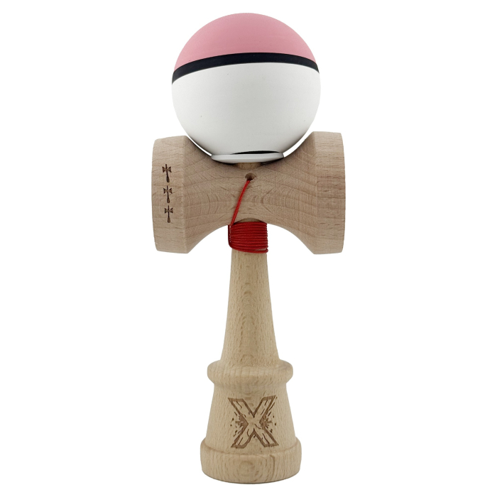 Kendama X Originala, Profesionala, Flippy, Cupe Mari KING SIZE V3, Rubber Grip, Gaura in Baza, Rulment Metalic, din lemn 18 cm, Ata 62/65 cm, S Bicolor Roz/Alb [2]