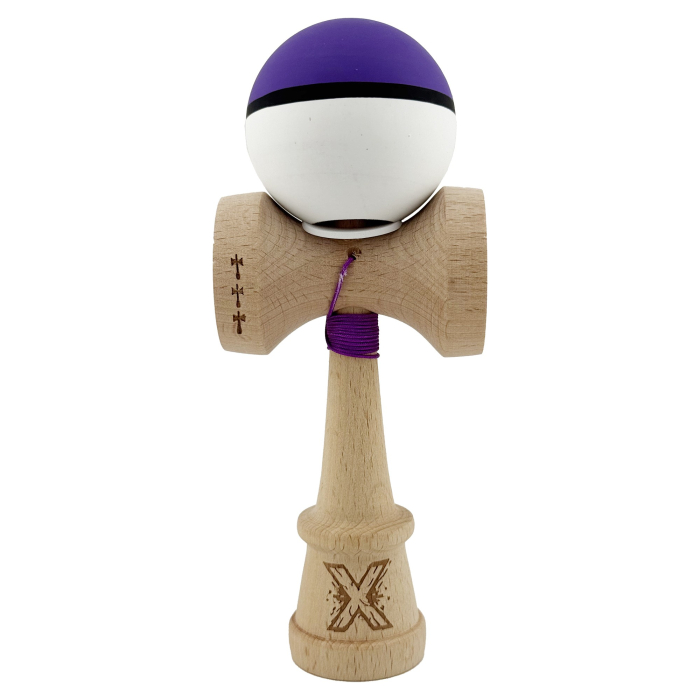 Kendama X Originala, Profesionala, Flippy, Cupe Mari KING SIZE V3, Rubber Grip, Gaura in Baza, Rulment Metalic, din lemn 18 cm, Ata 62/65 cm, S Bicolor Violet/Alb [2]