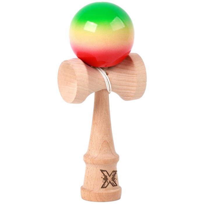 Kendama X Originala, Profesionala, Flippy, din Lemn, 18 cm, Verde/Galben/Rosu [1]