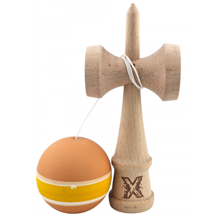 Kendama X Originala, Profesionala, Flippy, din Lemn cu Bila cu Invelis din Cauciuc, 18 x 6 x 7 cm, Rubber Grip, Portocaliu/Galben/Alb [3]