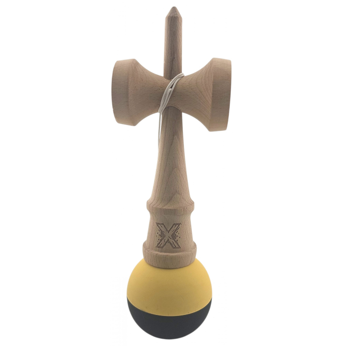Kendama X Originala, Profesionala, Flippy, din Lemn, Rubber Grip, 18 cm, Galben/Negru [3]