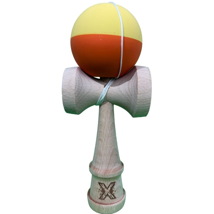 Lichidare de stoc Kendama X Originala, Profesionala, Flippy, din Lemn, Rubber Grip, 18 cm, Galben/Portocaliu [1]