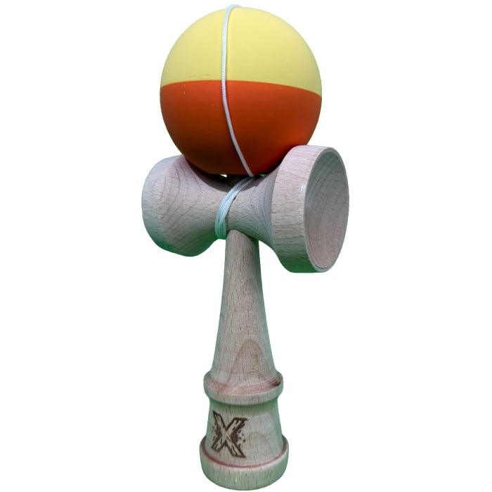 Lichidare de stoc Kendama X Originala, Profesionala, Flippy, din Lemn, Rubber Grip, 18 cm, Galben/Portocaliu [2]