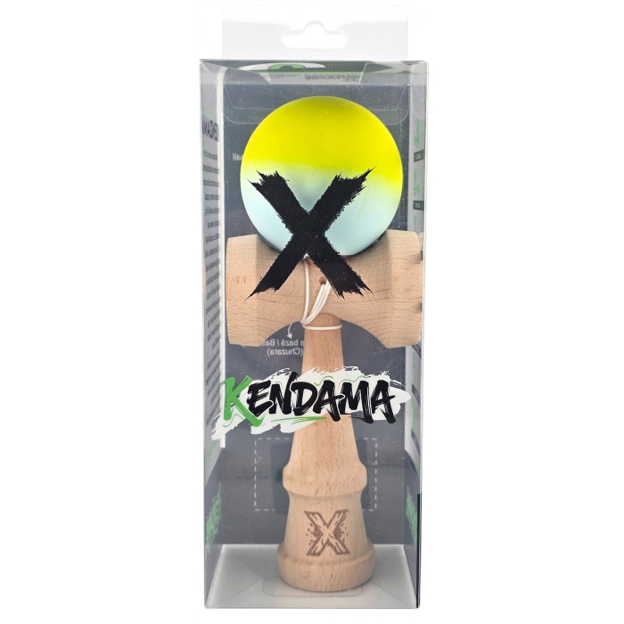 Kendama X Originala, Profesionala, Flippy, din Lemn, Rubber Grip, 18 cm, Galben Verde [2]