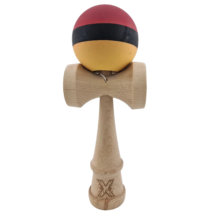 Kendama X Originala, Profesionala, Flippy, din Lemn, Rubber Grip, 18 cm, Rosu/Negru/Galben [1]