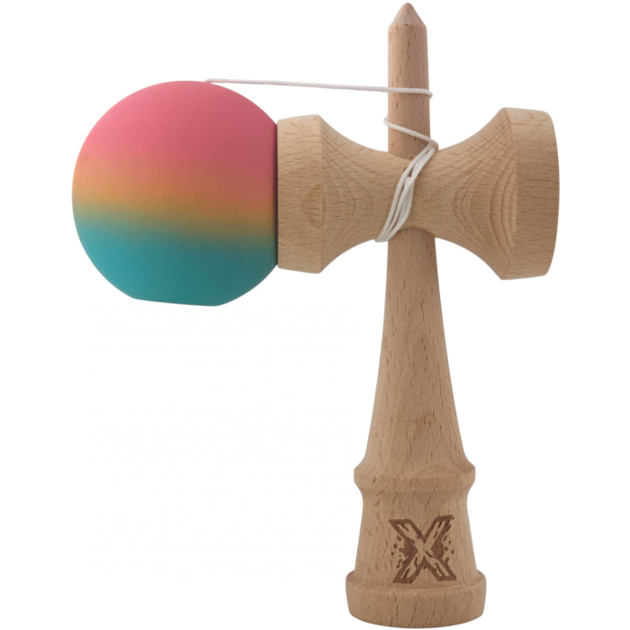 Kendama X Originala, Profesionala, Flippy, din Lemn, Rubber Grip, 18 cm, Roz/Galben/Albastru [3]
