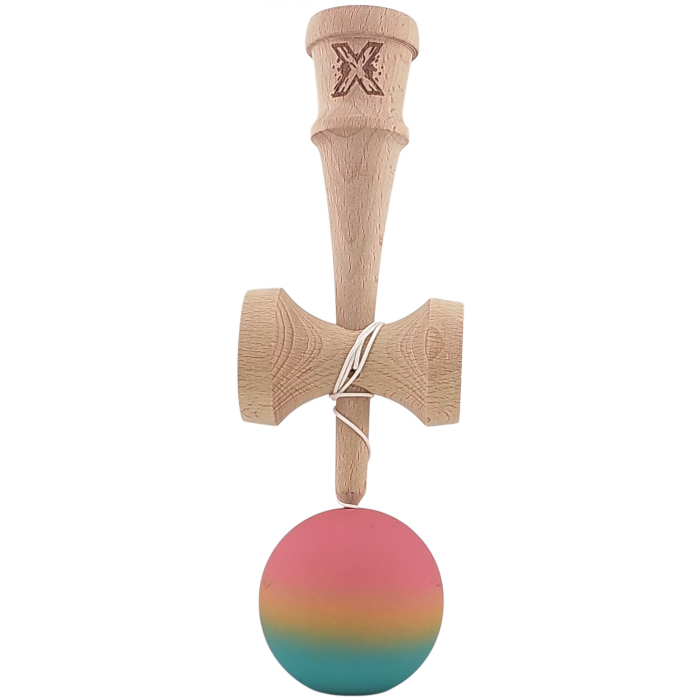 Kendama X Originala, Profesionala, Flippy, din Lemn, Rubber Grip, 18 cm, Roz/Galben/Albastru [2]