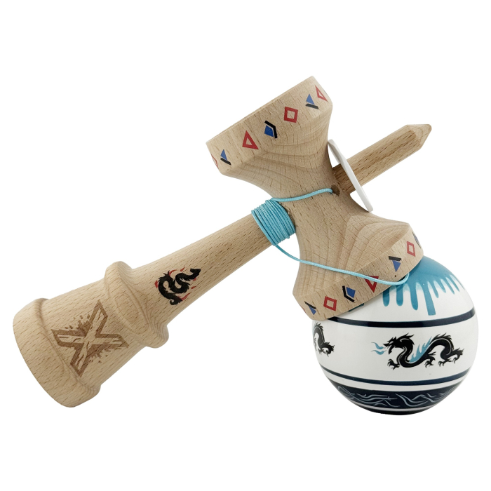 Kendama X Originala, Profesionala, Flippy, DRAGON Series, Super Sticky cu Cupe Mari King Size V3, Rulment Metalic si Gaura in Baza, din Lemn 18 cm, Ata 62/65 cm, Albastru/Negru [5]