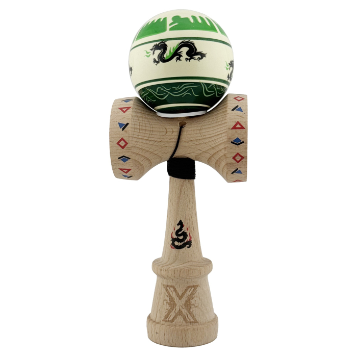 Kendama X Originala, Profesionala, Flippy, DRAGON Series, Super Sticky cu Cupe Mari King Size V3, Rulment Metalic si Gaura in Baza, din Lemn 18 cm, Ata 62/65 cm, Verde deschis/Negru [2]