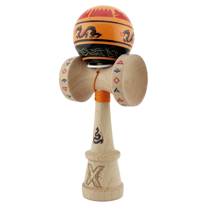 Kendama X Originala, Profesionala, Flippy, DRAGON Series, Super Sticky cu Cupe Mari King Size V3, Rulment Metalic si Gaura in Baza, din Lemn 18 cm, Ata 62/65 cm, Portocaliu/Negru [3]