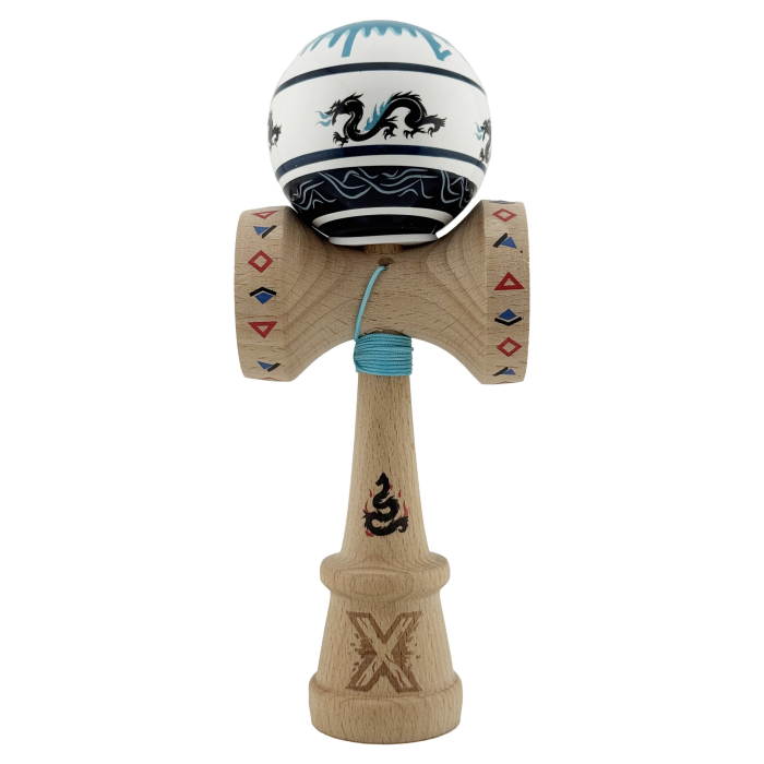 Kendama X Originala, Profesionala, Flippy, DRAGON Series, Super Sticky cu Cupe Mari King Size V3, Rulment Metalic si Gaura in Baza, din Lemn 18 cm, Ata 62/65 cm, Albastru/Negru [2]