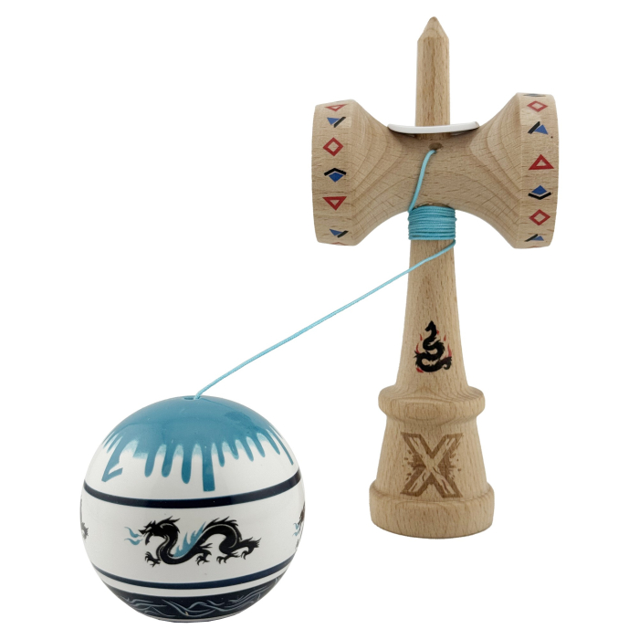 Kendama X Originala, Profesionala, Flippy, DRAGON Series, Super Sticky cu Cupe Mari King Size V3, Rulment Metalic si Gaura in Baza, din Lemn 18 cm, Ata 62/65 cm, Albastru/Negru [4]