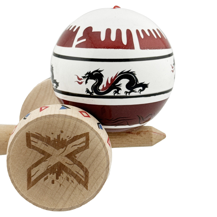 Kendama X Originala, Profesionala, Flippy, DRAGON Series, Super Sticky cu Cupe Mari King Size V3, Rulment Metalic si Gaura in Baza, din Lemn 18 cm, Ata 62/65 cm, Alb/Rosu inchis [9]