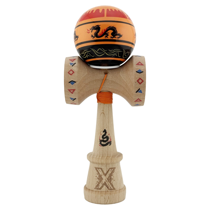 Kendama X Originala, Profesionala, Flippy, DRAGON Series, Super Sticky cu Cupe Mari King Size V3, Rulment Metalic si Gaura in Baza, din Lemn 18 cm, Ata 62/65 cm, Portocaliu/Negru [2]