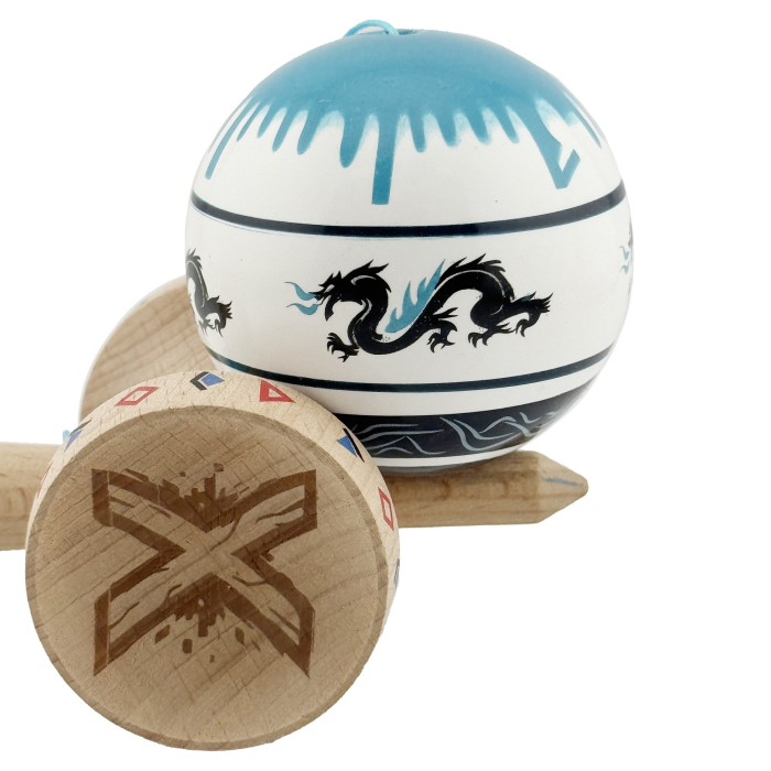 Kendama X Originala, Profesionala, Flippy, DRAGON Series, Super Sticky cu Cupe Mari King Size V3, Rulment Metalic si Gaura in Baza, din Lemn 18 cm, Ata 62/65 cm, Albastru/Negru [9]
