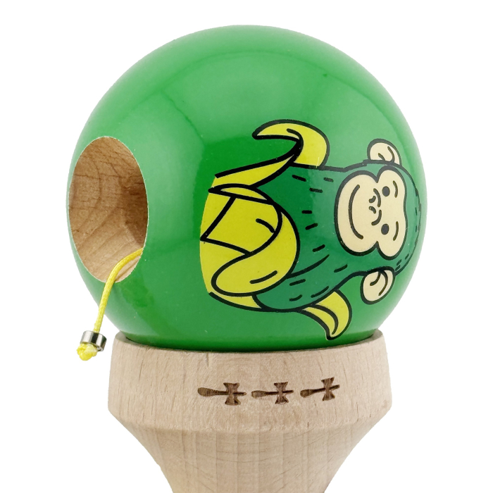 Kendama X Originala, Profesionala, Flippy, Green Monkey, Super Sticky cu Cupe Mari King Size V3, Rulment Metalic si Gaura in Baza, din Lemn 18 cm, Ata 62/65 cm, Verde [7]
