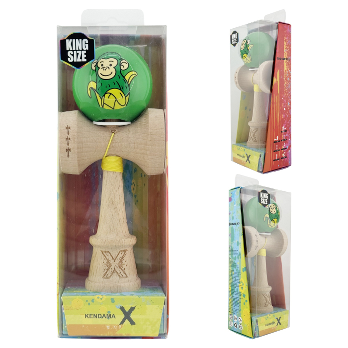 Kendama X Originala, Profesionala, Flippy, Green Monkey, Super Sticky cu Cupe Mari King Size V3, Rulment Metalic si Gaura in Baza, din Lemn 18 cm, Ata 62/65 cm, Verde [6]