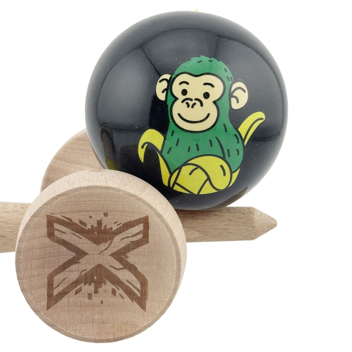 Kendama X Originala, Profesionala, Flippy, Green Monkey, Super Sticky cu Cupe Mari King Size V3, Rulment Metalic si Gaura in Baza, din Lemn 18 cm, Ata 62/65 cm, Negru [9]