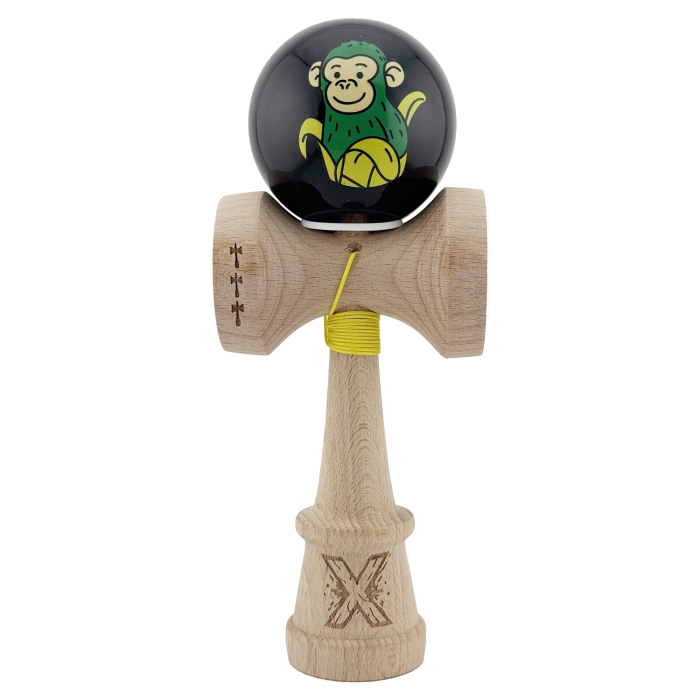 Kendama X Originala, Profesionala, Flippy, Green Monkey, Super Sticky cu Cupe Mari King Size V3, Rulment Metalic si Gaura in Baza, din Lemn 18 cm, Ata 62/65 cm, Negru [2]