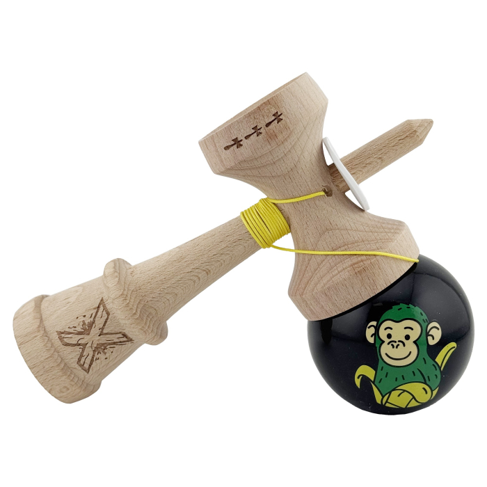 Kendama X Originala, Profesionala, Flippy, Green Monkey, Super Sticky cu Cupe Mari King Size V3, Rulment Metalic si Gaura in Baza, din Lemn 18 cm, Ata 62/65 cm, Negru [5]