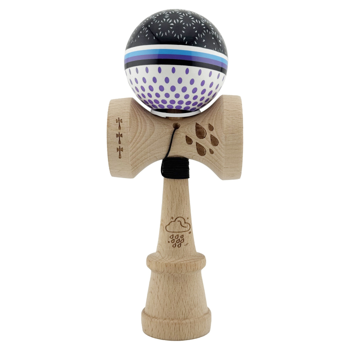 Kendama X Originala, Profesionala, Flippy, RAINDROPS, Super Sticky cu Cupe Mari KING SIZE V3, Gaura in Baza, Rulment Metalic, din lemn 18 cm, Ata 62/65 cm, Alb/Negru/Mov [2]
