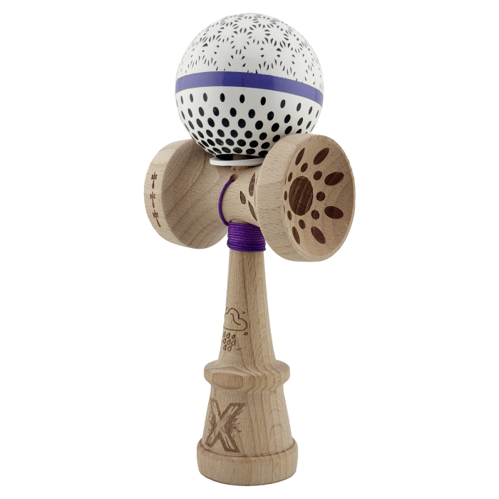 Kendama X Originala, Profesionala, Flippy, RAINDROPS, Super Sticky cu Cupe Mari KING SIZE V3, Gaura in Baza, Rulment Metalic, din lemn 18 cm, Ata 62/65 cm, Alb/Albastru [3]