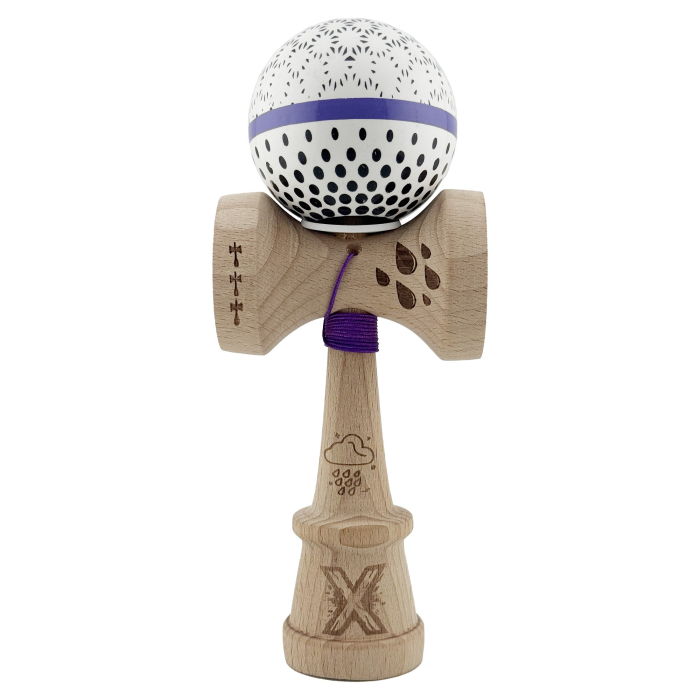 Kendama X Originala, Profesionala, Flippy, RAINDROPS, Super Sticky cu Cupe Mari KING SIZE V3, Gaura in Baza, Rulment Metalic, din lemn 18 cm, Ata 62/65 cm, Alb/Albastru [2]
