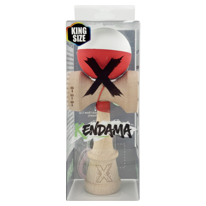 Kendama X Originala, Profesionala, Flippy, Rubber Grip, Cupe Mari KING SIZE V3, Gaura in Baza, Rulment Metalic, din lemn 18 cm, Ata 62/65 cm, Bicolor Alb/Rosu [6]