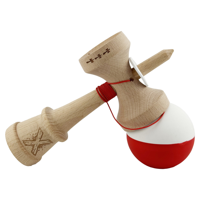 Kendama X Originala, Profesionala, Flippy, Rubber Grip, Cupe Mari KING SIZE V3, Gaura in Baza, Rulment Metalic, din lemn 18 cm, Ata 62/65 cm, Bicolor Alb/Rosu [5]