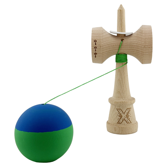 Kendama X Originala, Profesionala, Flippy, Rubber Grip, Cupe Mari KING SIZE V3, Gaura in Baza, Rulment Metalic, din lemn 18 cm, Ata 62/65 cm, Bicolor Albastru/Verde [4]