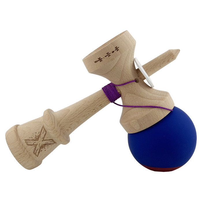 Kendama X Originala, Profesionala, Flippy, Rubber Grip, Cupe Mari KING SIZE V3, Gaura in Baza, Rulment Metalic, din lemn 18 cm, Ata 62/65 cm, Bicolor Albastru inchis/Rosu [5]