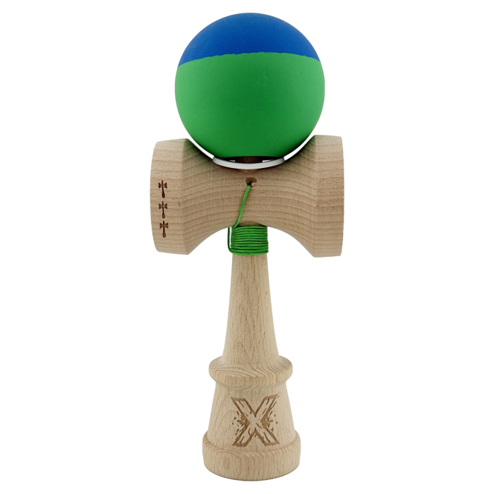 Kendama X Originala, Profesionala, Flippy, Rubber Grip, Cupe Mari KING SIZE V3, Gaura in Baza, Rulment Metalic, din lemn 18 cm, Ata 62/65 cm, Bicolor Albastru/Verde [2]
