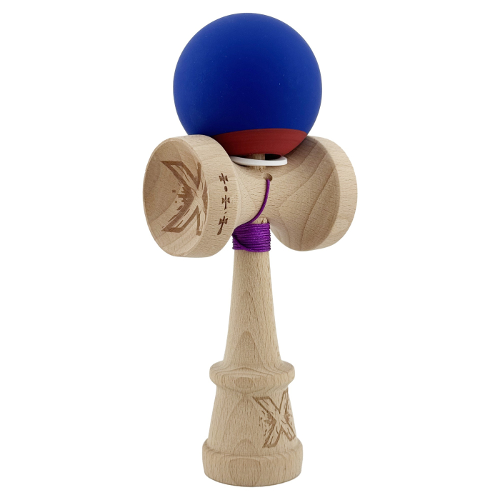 Kendama X Originala, Profesionala, Flippy, Rubber Grip, Cupe Mari KING SIZE V3, Gaura in Baza, Rulment Metalic, din lemn 18 cm, Ata 62/65 cm, Bicolor Albastru inchis/Rosu [1]