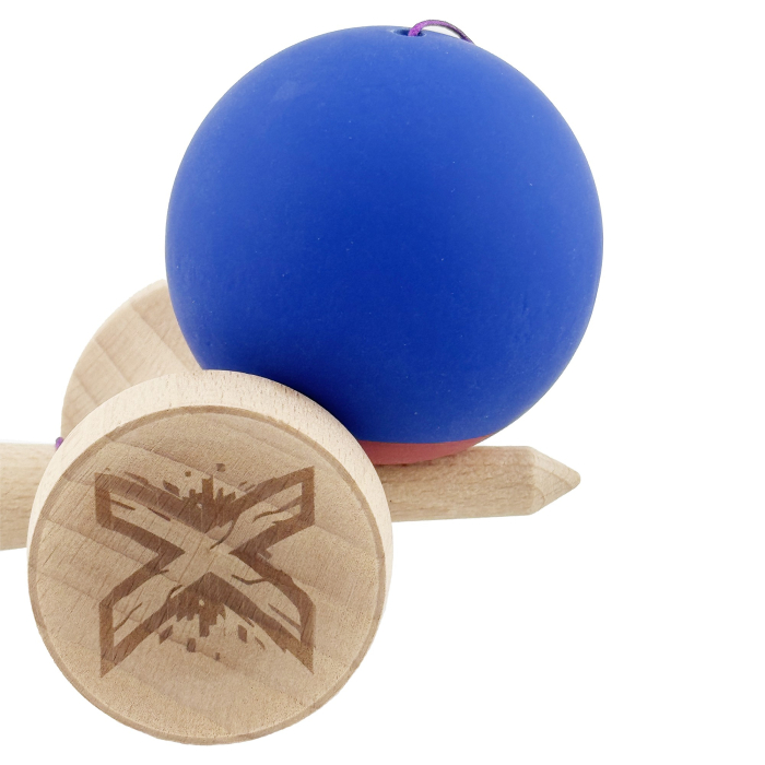 Kendama X Originala, Profesionala, Flippy, Rubber Grip, Cupe Mari KING SIZE V3, Gaura in Baza, Rulment Metalic, din lemn 18 cm, Ata 62/65 cm, Bicolor Albastru inchis/Rosu [9]