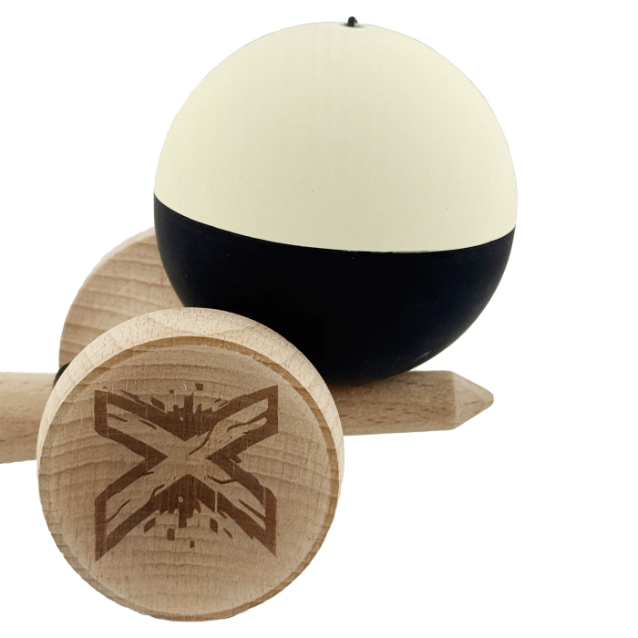 Kendama X Originala, Profesionala, Flippy, Rubber Grip, Cupe Mari KING SIZE V3, Gaura in Baza, Rulment Metalic, din lemn 18 cm, Ata 62/65 cm, Bicolor Galben/Negru [9]