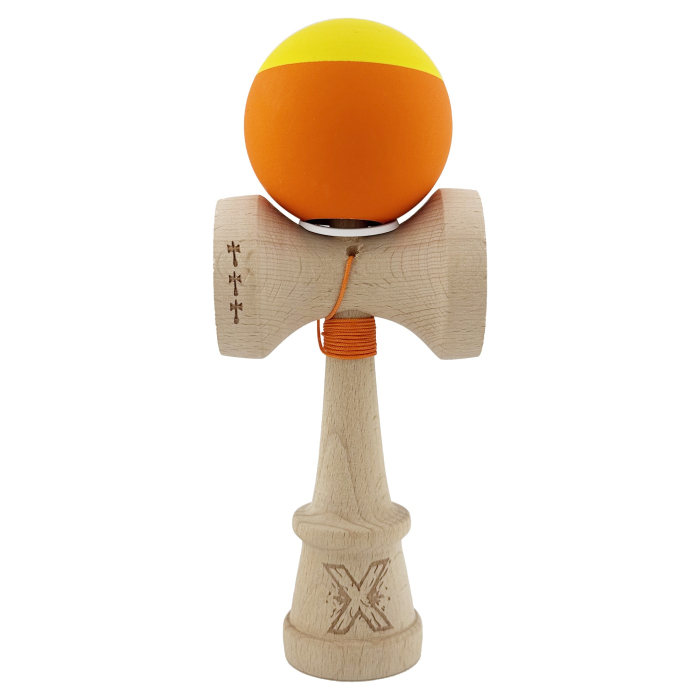 Kendama X Originala, Profesionala, Flippy, Rubber Grip, Cupe Mari KING SIZE V3, Gaura in Baza, Rulment Metalic, din lemn 18 cm, Ata 62/65 cm, Bicolor Galben/Portocaliu [2]