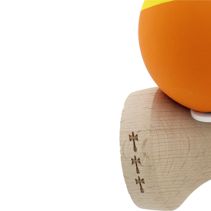 Kendama X Originala, Profesionala, Flippy, Rubber Grip, Cupe Mari KING SIZE V3, Gaura in Baza, Rulment Metalic, din lemn 18 cm, Ata 62/65 cm, Bicolor Galben/Portocaliu [8]