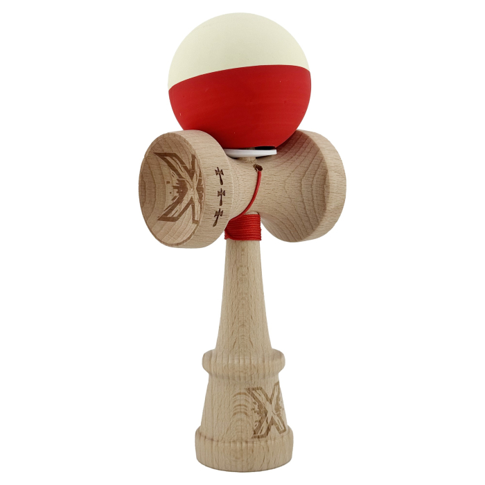 Kendama X Originala, Profesionala, Flippy, Rubber Grip, Cupe Mari KING SIZE V3, Gaura in Baza, Rulment Metalic, din lemn 18 cm, Ata 62/65 cm, Bicolor Galben/Rosu [1]
