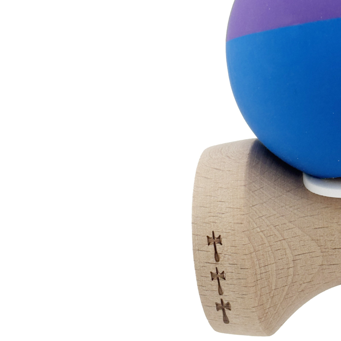 Kendama X Originala, Profesionala, Flippy, Rubber Grip, Cupe Mari KING SIZE V3, Gaura in Baza, Rulment Metalic, din lemn 18 cm, Ata 62/65 cm, Bicolor Mov/Albastru [8]