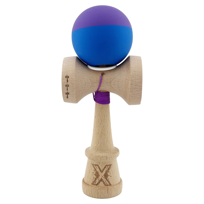 Kendama X Originala, Profesionala, Flippy, Rubber Grip, Cupe Mari KING SIZE V3, Gaura in Baza, Rulment Metalic, din lemn 18 cm, Ata 62/65 cm, Bicolor Mov/Albastru [2]