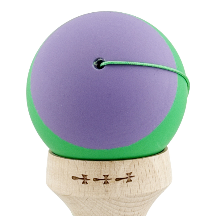Kendama X Originala, Profesionala, Flippy, Rubber Grip, Cupe Mari KING SIZE V3, Gaura in Baza, Rulment Metalic, din lemn 18 cm, Ata 62/65 cm, Bicolor Mov/Verde [10]