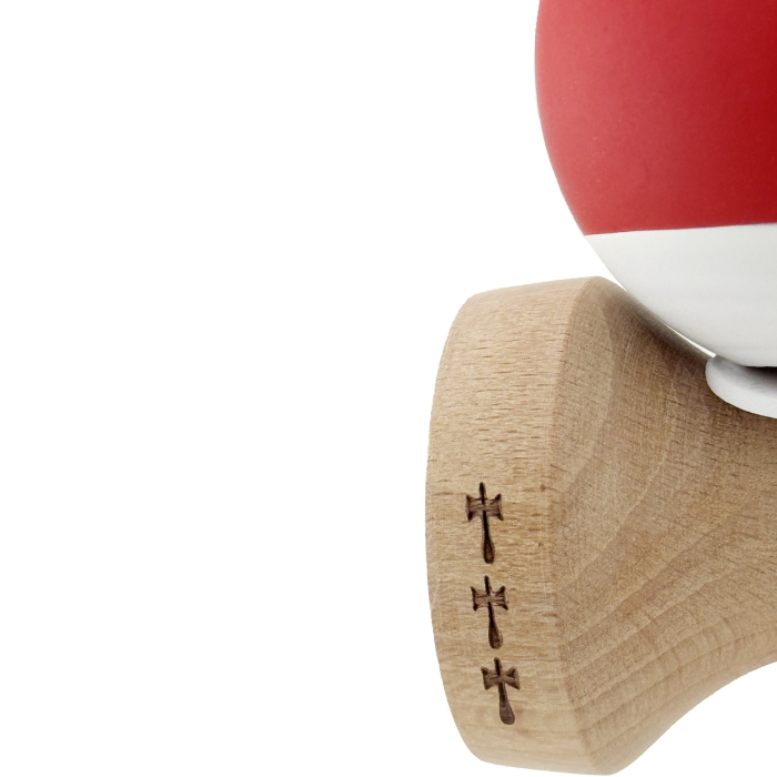 Kendama X Originala, Profesionala, Flippy, Rubber Grip, Cupe Mari KING SIZE V3, Gaura in Baza, Rulment Metalic, din lemn 18 cm, Ata 62/65 cm, Bicolor Rosu/Alb [8]