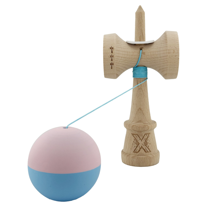 Kendama X Originala, Profesionala, Flippy, Rubber Grip, Cupe Mari KING SIZE V3, Gaura in Baza, Rulment Metalic, din lemn 18 cm, Ata 62/65 cm, Bicolor Roz/Bleu [4]