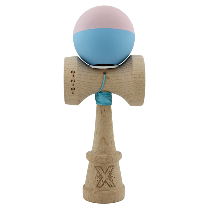 Kendama X Originala, Profesionala, Flippy, Rubber Grip, Cupe Mari KING SIZE V3, Gaura in Baza, Rulment Metalic, din lemn 18 cm, Ata 62/65 cm, Bicolor Roz/Bleu [2]