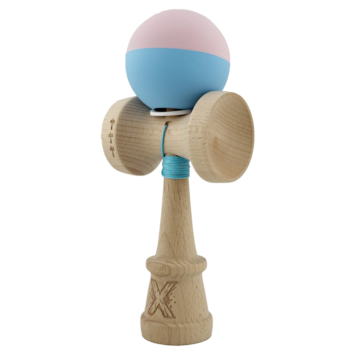 Kendama X Originala, Profesionala, Flippy, Rubber Grip, Cupe Mari KING SIZE V3, Gaura in Baza, Rulment Metalic, din lemn 18 cm, Ata 62/65 cm, Bicolor Roz/Bleu [3]