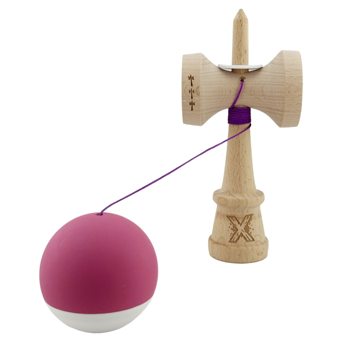 Kendama X Originala, Profesionala, Flippy, Rubber Grip, Cupe Mari KING SIZE V3, Gaura in Baza, Rulment Metalic, din lemn 18 cm, Ata 62/65 cm, Bicolor Roz inchis/Alb [4]