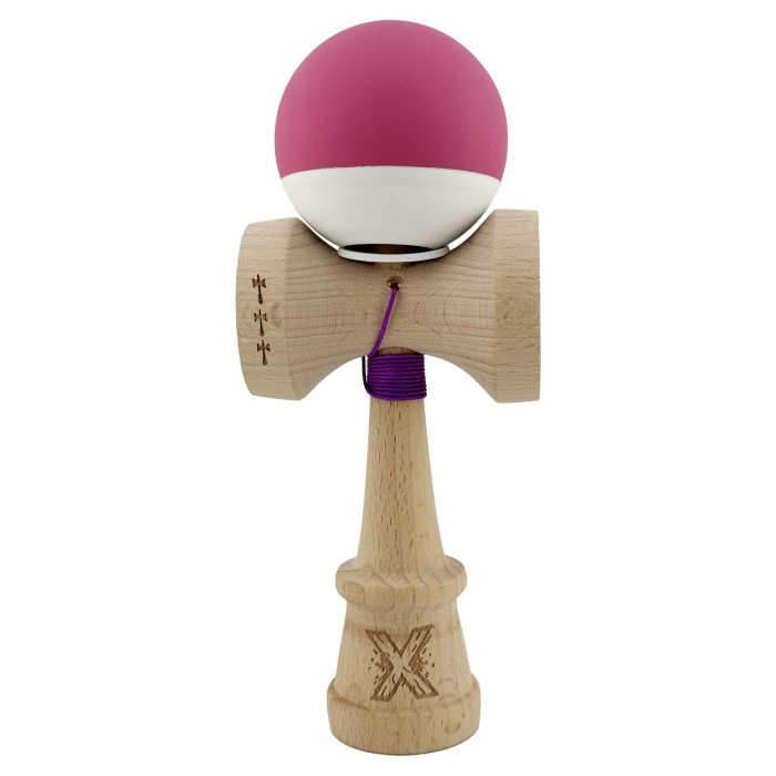 Kendama X Originala, Profesionala, Flippy, Rubber Grip, Cupe Mari KING SIZE V3, Gaura in Baza, Rulment Metalic, din lemn 18 cm, Ata 62/65 cm, Bicolor Roz inchis/Alb [2]