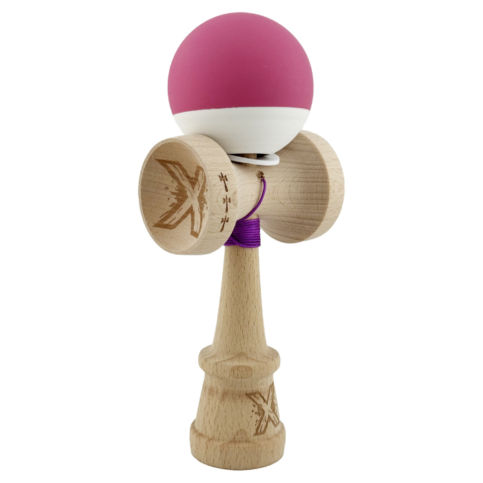 Kendama X Originala, Profesionala, Flippy, Rubber Grip, Cupe Mari KING SIZE V3, Gaura in Baza, Rulment Metalic, din lemn 18 cm, Ata 62/65 cm, Bicolor Roz inchis/Alb [1]
